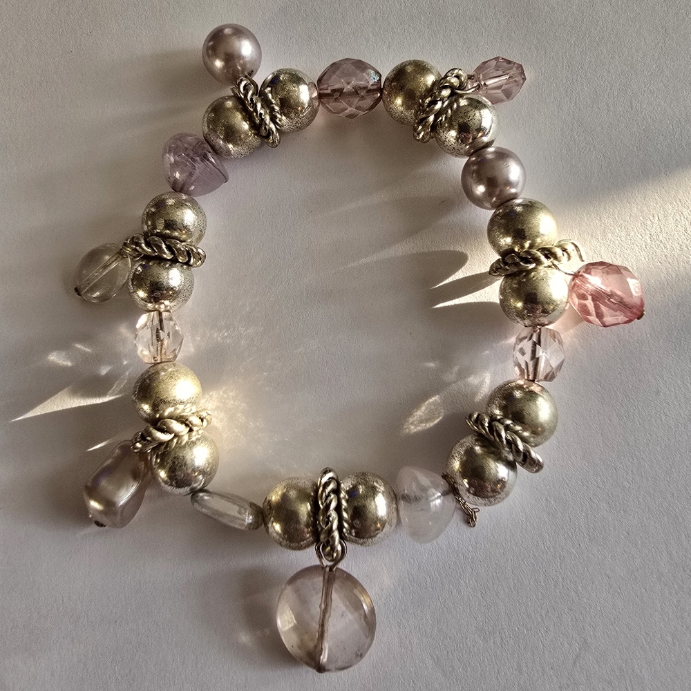 Stretch bracelet silver tone and pink beaded beads elastic feminine charms